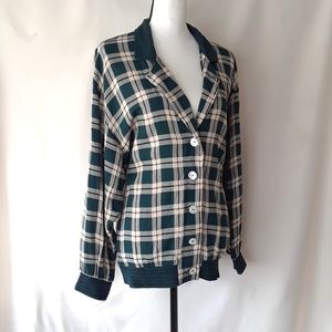 Vintage 1980s Teal Plaid Button Down Long Sleeve Oversized Blouse